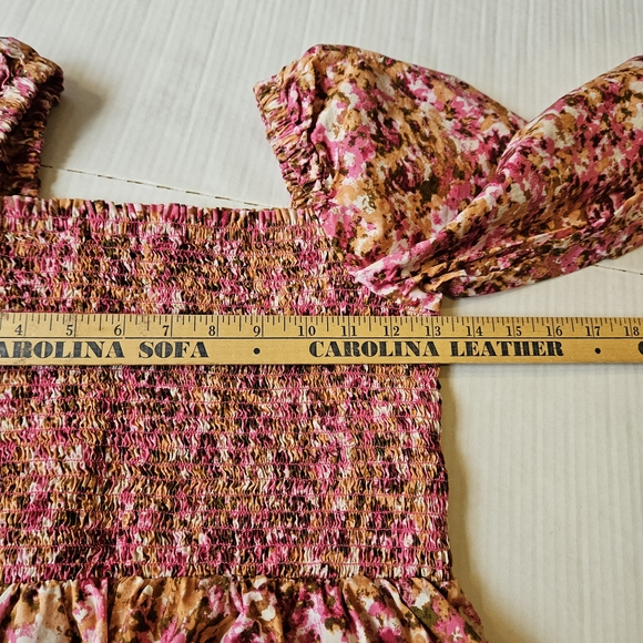 J Crew smocked puff sleeve midi faded floral dress pink brown, S - Picture 14 of 16